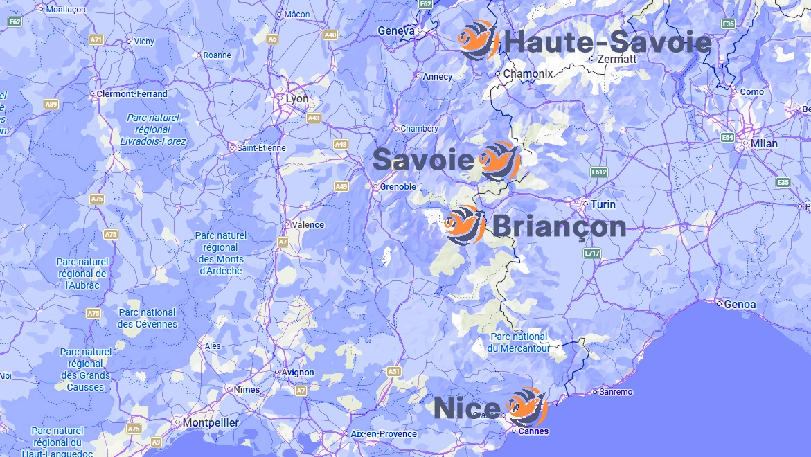 Mapa das instalações dos Alpes Franceses 2030